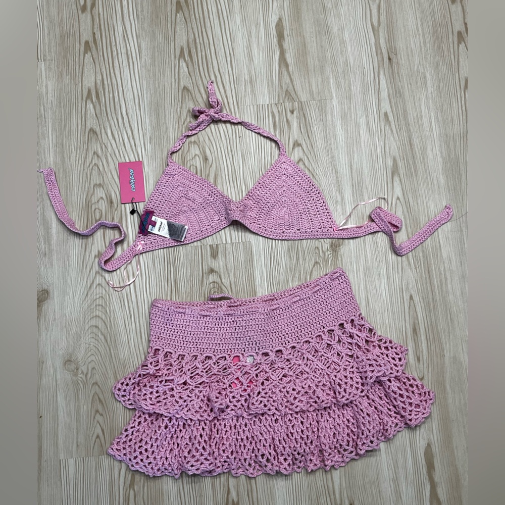 Edikted Pink Crochet Bikini Top and Tiered Coverup Set